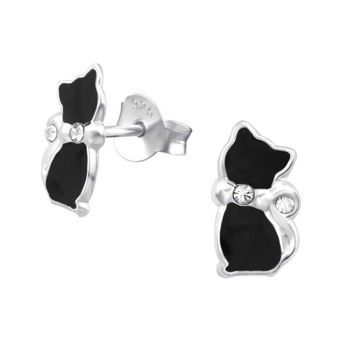 Zwart kat oorbellen met strik en diamantje