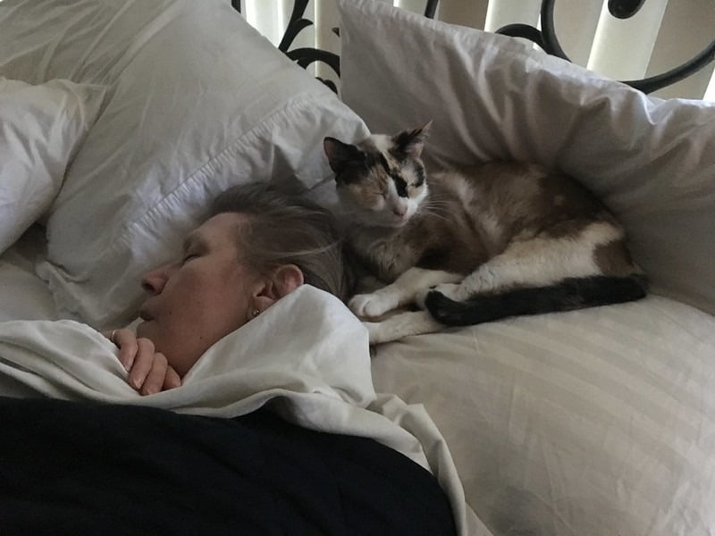 vrouw slapend in bed met kat of poes naast haar
